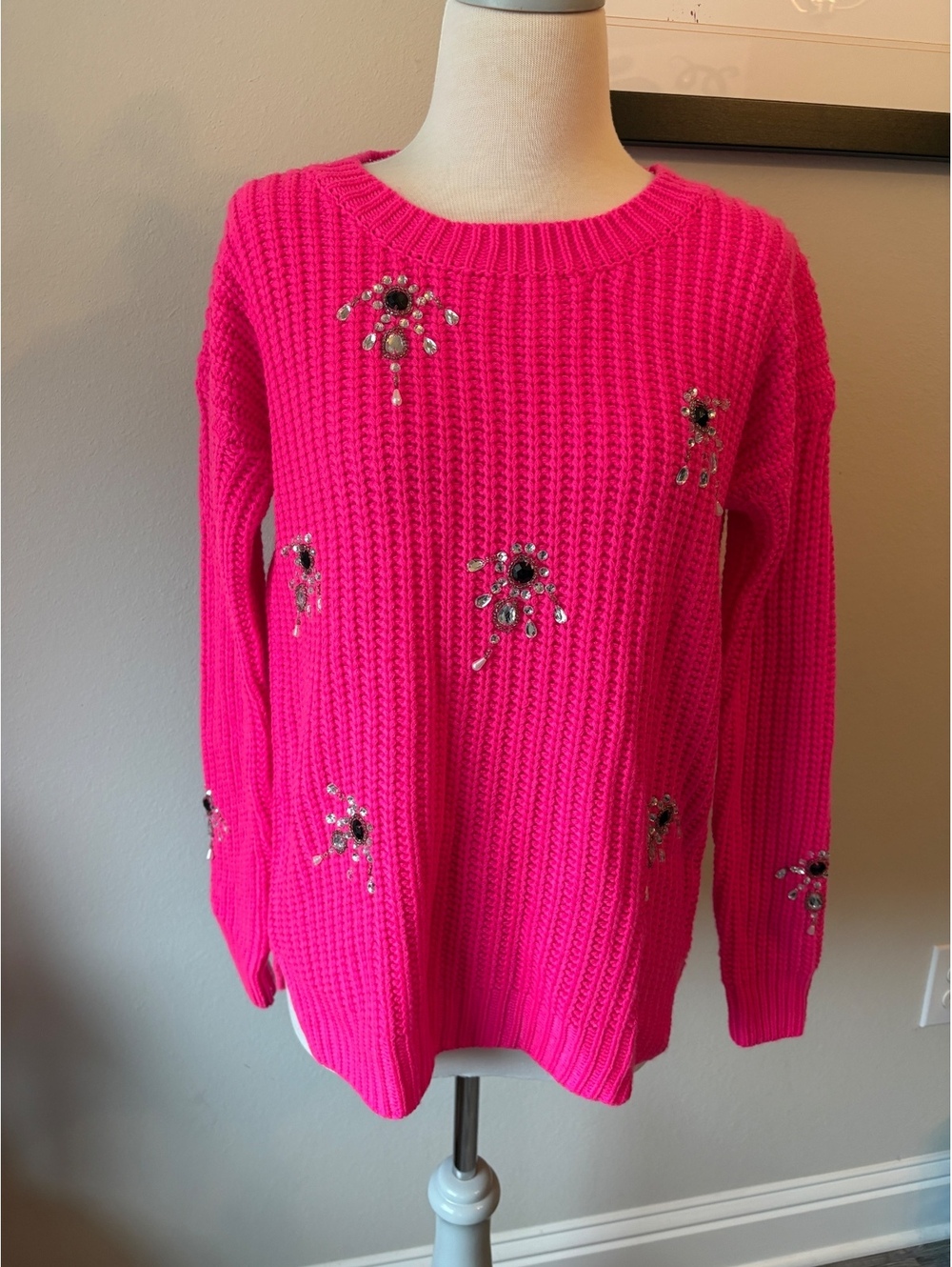 LuLuMari Hot Pink Jeweled Rhinestone Chunky Knit Sweater S/M